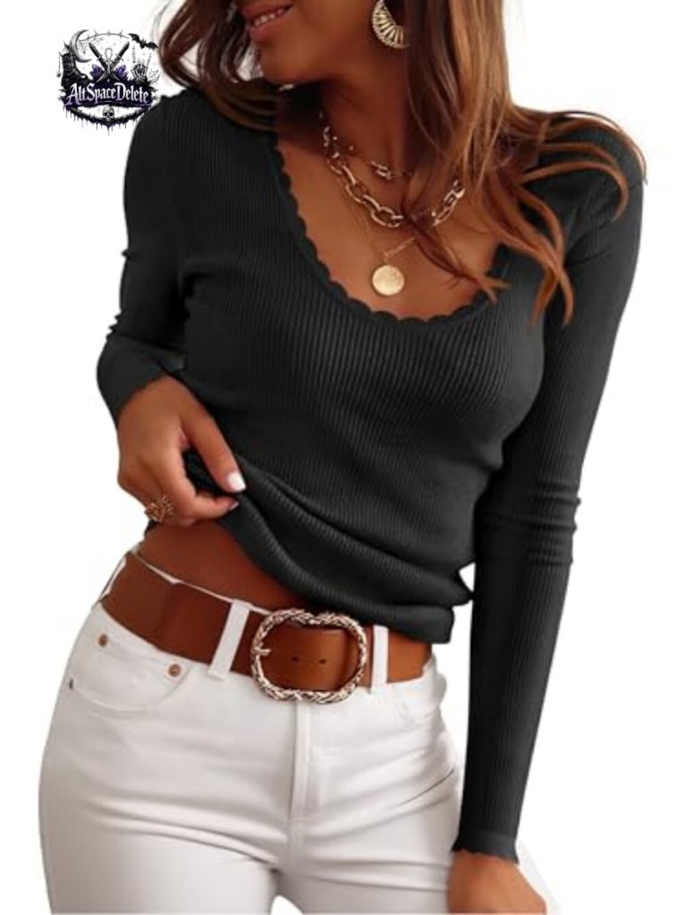 Women's Long Sleeve Scalloped Scoop Neck Ribbed Knit Pullover Sweater